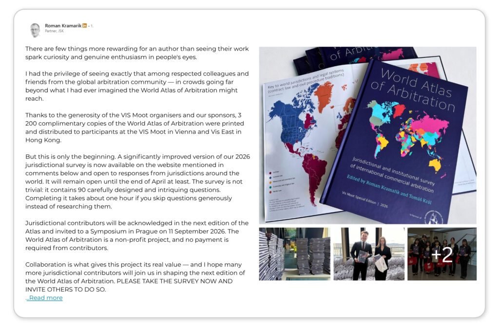Linked In post Vis Moot Special Edition of World Atlas of Arbitration